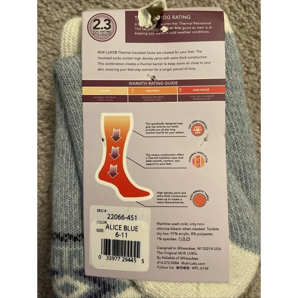Muk Luks Womens's Heat Retainers Thermal Insulated Socks Size 6-11 Blue 2.3 TOG